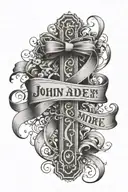 Cross with a ribbon with the Name John Andrew Moore on the ribbon tattoo design idea