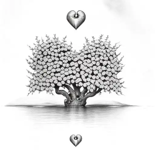 Heart-shaped lock nested among hazel, intertwined branches, leaves and blooms organically tattoo design idea