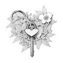 Heart-shaped lock nested among hazel, intertwined branches, leaves and blooms organically tattoo design idea