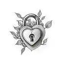 Heart-shaped lock nested among hazel, intertwined branches, leaves and blooms organically tattoo design idea