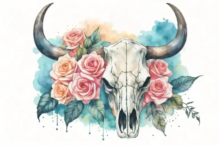 Cow skull with roses tattoo design idea
