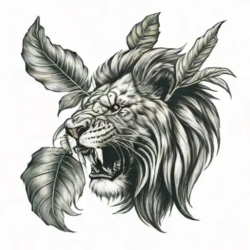 roaring lion with one leaf on head and another on beard and one red transparent box on left eye  tattoo design idea