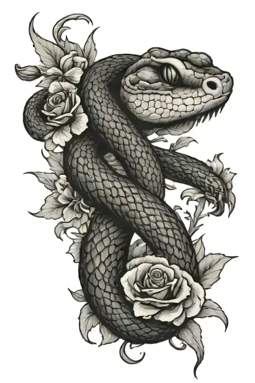 a black and white drawing of a snake wrapped around a carnation flower stem. Snake is coiled going vertical tattoo design idea