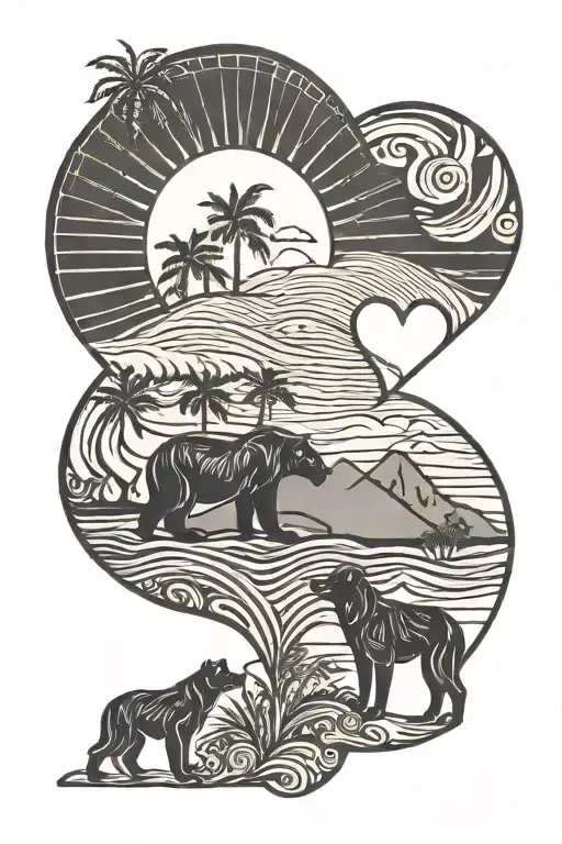 sun, wave, palm tree, California bear, dog paw, 2 hearts  tattoo design idea