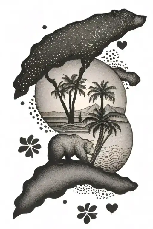 sun, wave, palm tree, California bear, dog paw, 2 hearts tattoo design idea