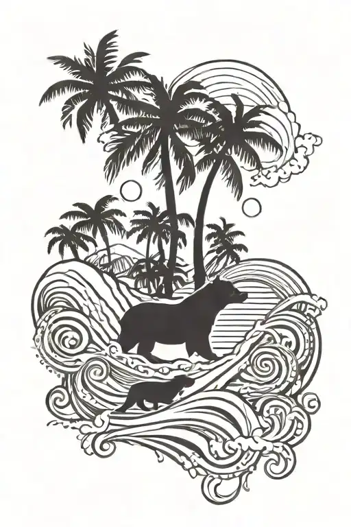 sun, wave, palm tree, California bear, dog paw, 2 hearts  tattoo design idea