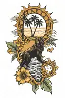 sun, wave, palm tree, California bear, dog paw, 2 hearts  tattoo design idea
