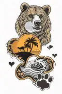 sun, wave, palm tree, California bear, dog paw, 2 hearts  tattoo design idea