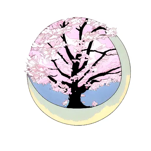moon with cherry blossom tattoo design idea