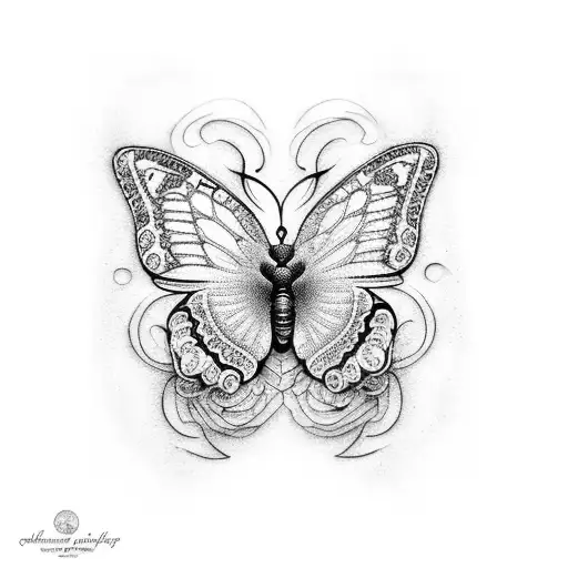 An intricate dotwork tattoo of a graceful butterfly resting on a vibrant water lily tattoo design idea