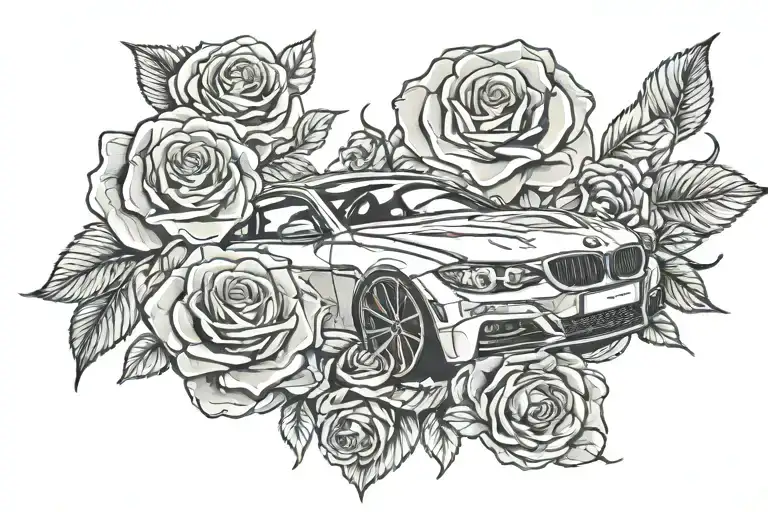 bmw car front and roses background black and white tattoo design idea