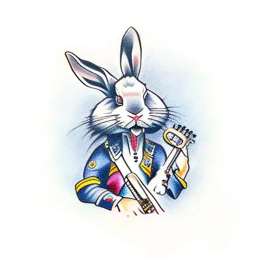 Traditional tattoo of a musician with a rabbit foot as a lucky charm tattoo design idea
