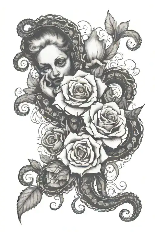 roses, faces, and tentacles tattoo design idea