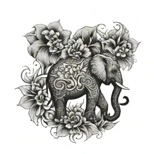 An elephant with intricate carpentry designs on its back, surrounded by flowers and water tattoo design idea