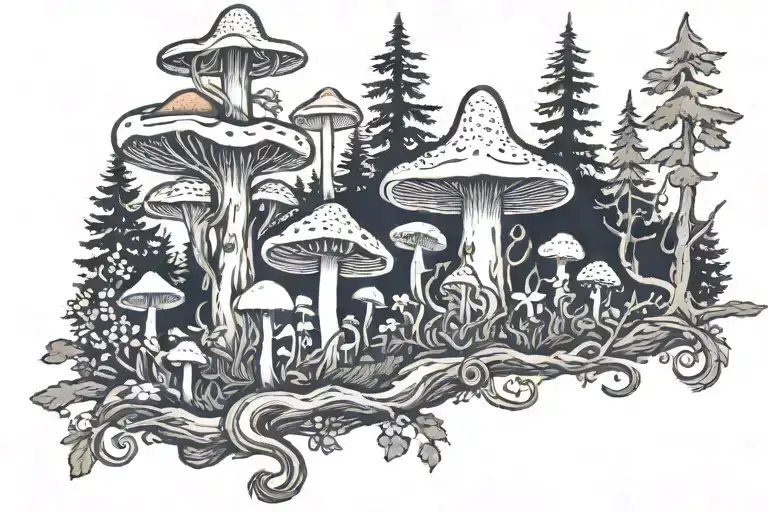 druid in a mushroom forest scene tattoo design idea