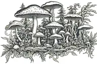 druid in a mushroom forest scene tattoo design idea