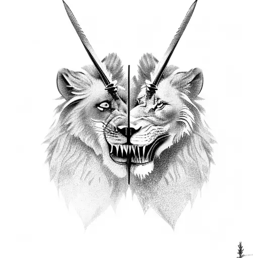 lion and wolf head holding a sword with their teeth tattoo design idea