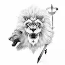 lion and wolf head holding a sword with their teeth tattoo design idea