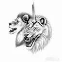 lion and wolf head holding a sword with their teeth tattoo design idea