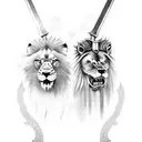 lion and wolf head holding a sword with their teeth tattoo design idea