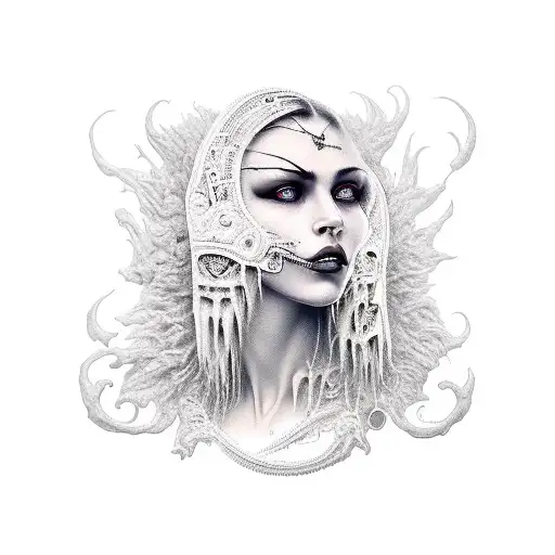 gothic womans face with jaguar teeth surrounding  tattoo design idea