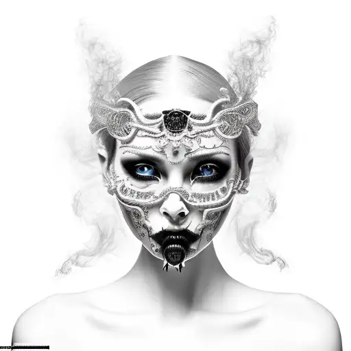 gothic woman face with one eye covered and smoke blowing out of mouth inside jaguar jaw tattoo design idea