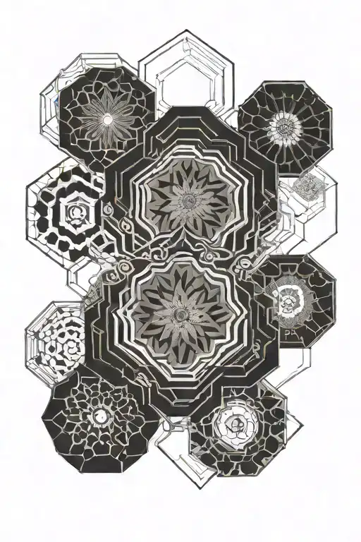 Spiral of hexagons with mandala design incorporating tattoo design idea