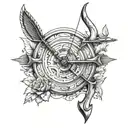 A tattoo design incorporating elements of bowhunting and woodworking, such as a bow and arrow intertwined with a wooden carving tool, symbolizing the client's passion for both hobbies. tattoo design idea