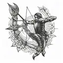 A tattoo design incorporating elements of bowhunting and woodworking, such as a bow and arrow intertwined with a wooden carving tool, symbolizing the client's passion for both hobbies. tattoo design idea