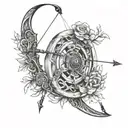 A tattoo design incorporating elements of bowhunting and woodworking, such as a bow and arrow intertwined with a wooden carving tool, symbolizing the client's passion for both hobbies. tattoo design idea