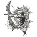 A tattoo design incorporating elements of bowhunting and woodworking, such as a bow and arrow intertwined with a wooden carving tool, symbolizing the client's passion for both hobbies. tattoo design idea