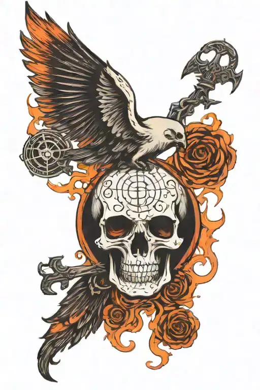 fire brand + triple moon phase + skeleton key tattoo design idea