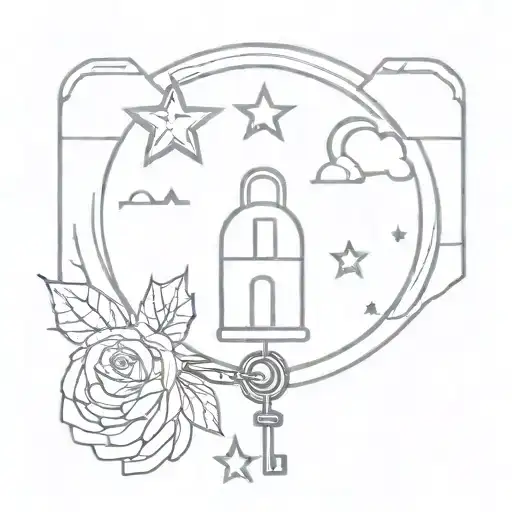 lock and key, stars and moon tattoo design idea