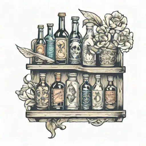 shelf with bottles tattoo design idea