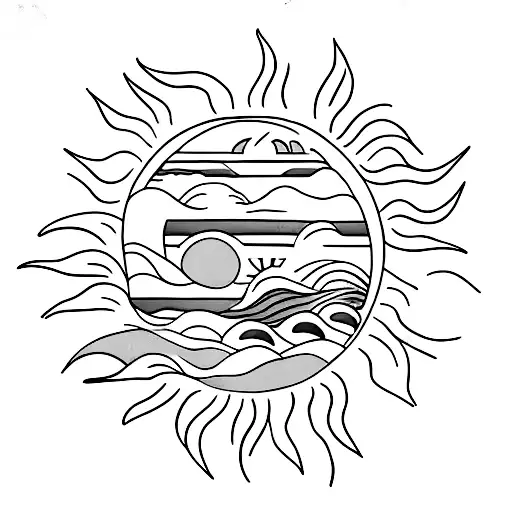 Wave, sun, and a beach with a surf table all inside a rectangle  tattoo design idea