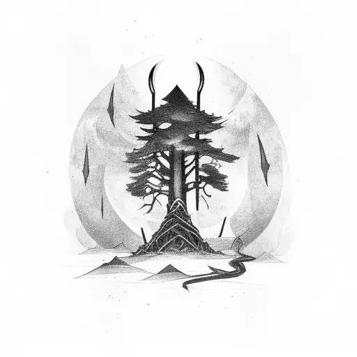 Viking style sleeve with trees and lightning tattoo design idea
