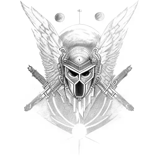 Russian knight, cyberpunk, pagan, sunset, two crows tattoo design idea