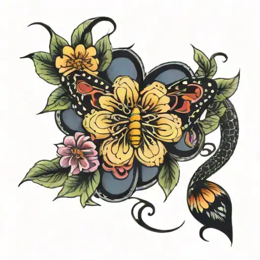 full moon snake butterfly flowers  tattoo design idea