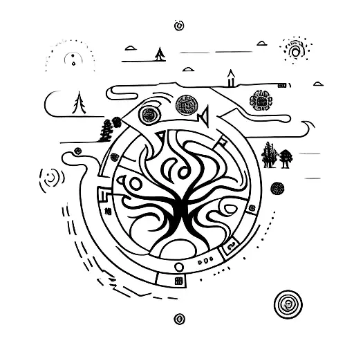 A mystical tree of life made up of nordic runes and surrounded by animals tattoo design idea