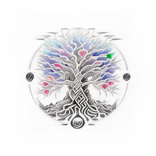 A mystical tree of life made up of nordic runes and surrounded by animals tattoo design idea