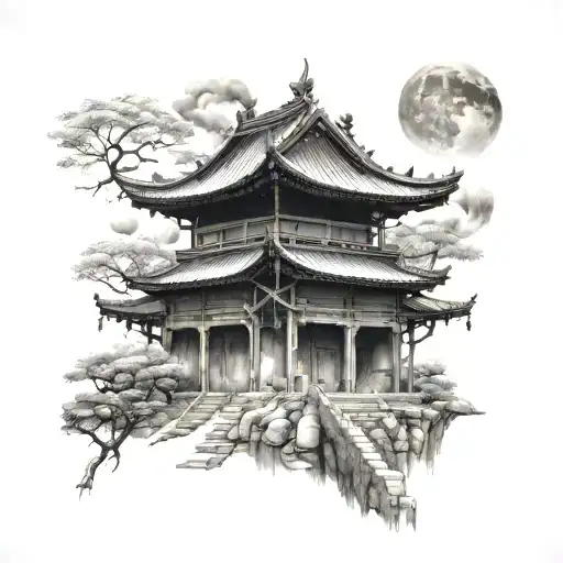 A blend of medieval castle architecture and traditional Japanese temples, symbolizing your interests in both cultures tattoo design idea