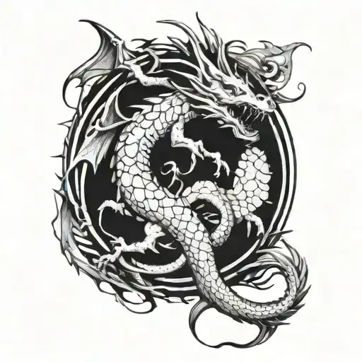 A fierce dragon in exactly circle with tail in his mouth. keep inscribed cicle empty. make it look dynamic and unique  tattoo design idea