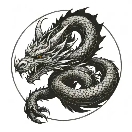 A fierce dragon in exactly circular shape with tail in his mouth. keep inside cicle empty.  tattoo placement in elbow. tattoo design idea