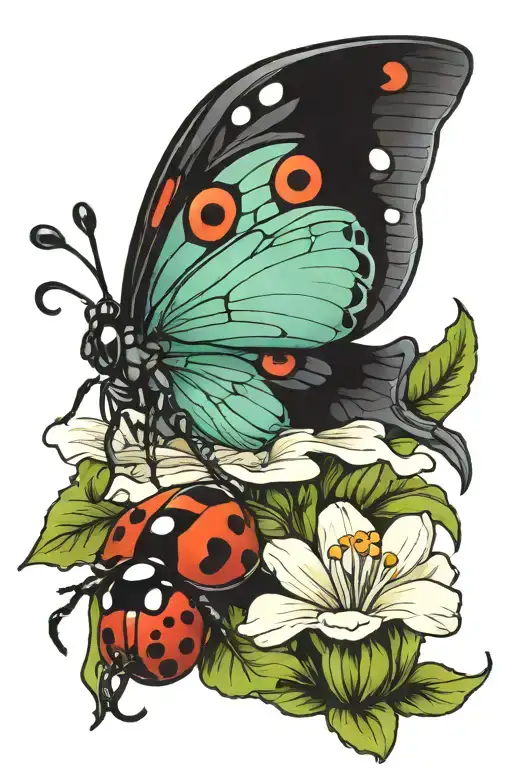 orhid and petunia with a ladybug sitting tattoo design idea