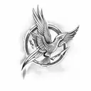 Mockingjay with phrase "i am as radiant as the sun" tattoo design idea