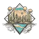scifi theme inside a diamond like rhombus.  a simplified city skyline on a floating island that is crumbling from bottom tattoo design idea