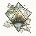 scifi theme inside a diamond like rhombus.  a simplified city skyline on a floating island that is crumbling from bottom tattoo design idea