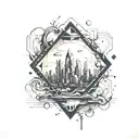 scifi theme inside a diamond like rhombus.  a simplified city skyline on a floating island that is crumbling from bottom tattoo design idea