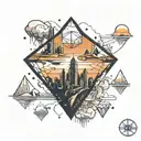 scifi theme inside a diamond like rhombus.  a simplified city skyline on a floating island that is crumbling from bottom tattoo design idea