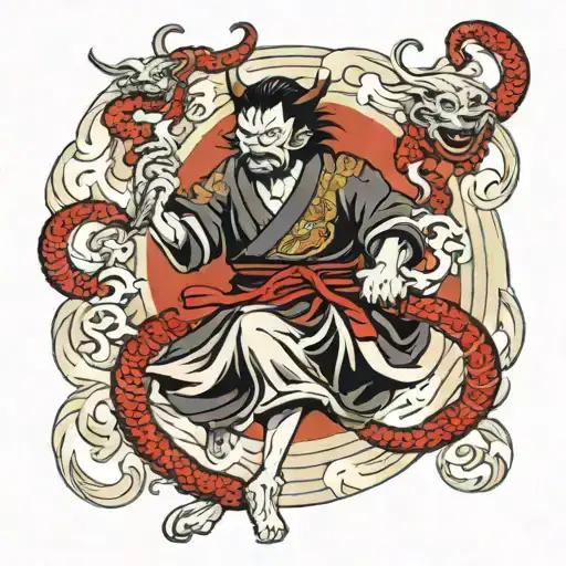 samurai holding Cerberus on a chain tattoo design idea
